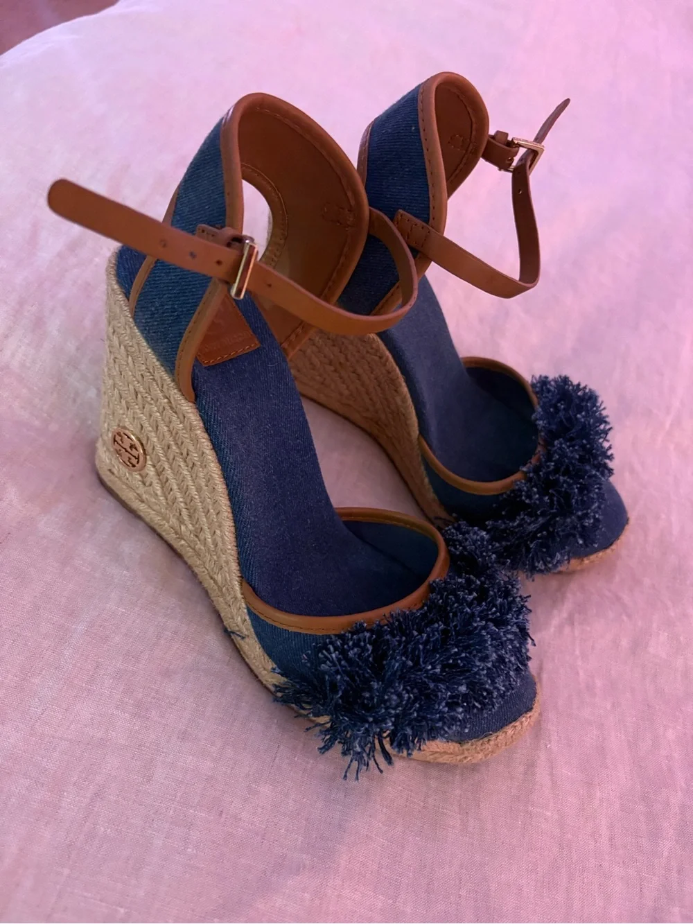 Tory Burch Navy Denim Espadrille Wedge Sandals with Pom Detail